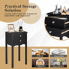 Black side table with two pull-out drawers, made of non-toxic MDF, perfect for living room or bedroom storage.