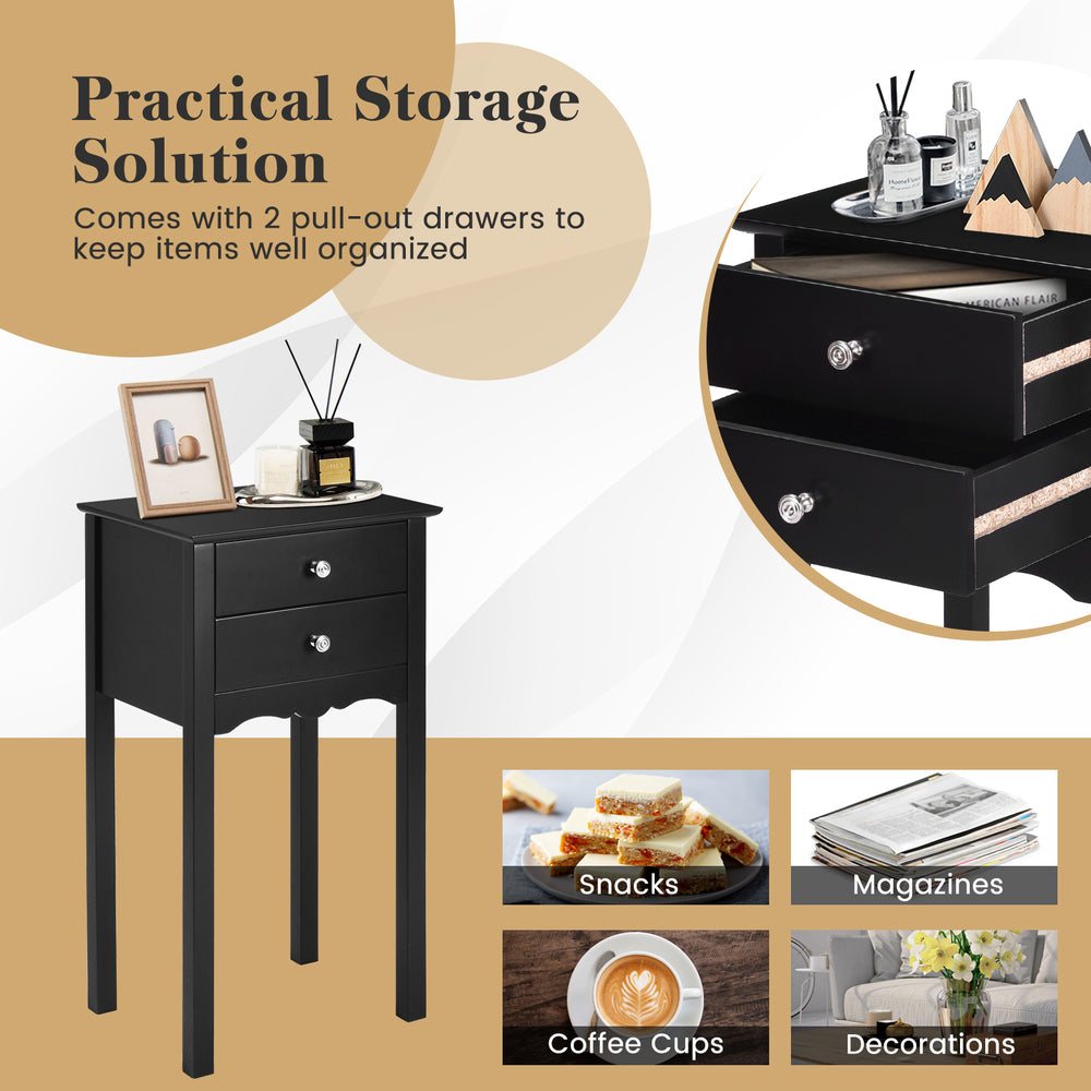 Black side table with two pull-out drawers, made of non-toxic MDF, perfect for living room or bedroom storage.