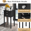 Black side table with vintage metal handles and smooth drawer slides, ideal for adding elegance to any bedroom or.