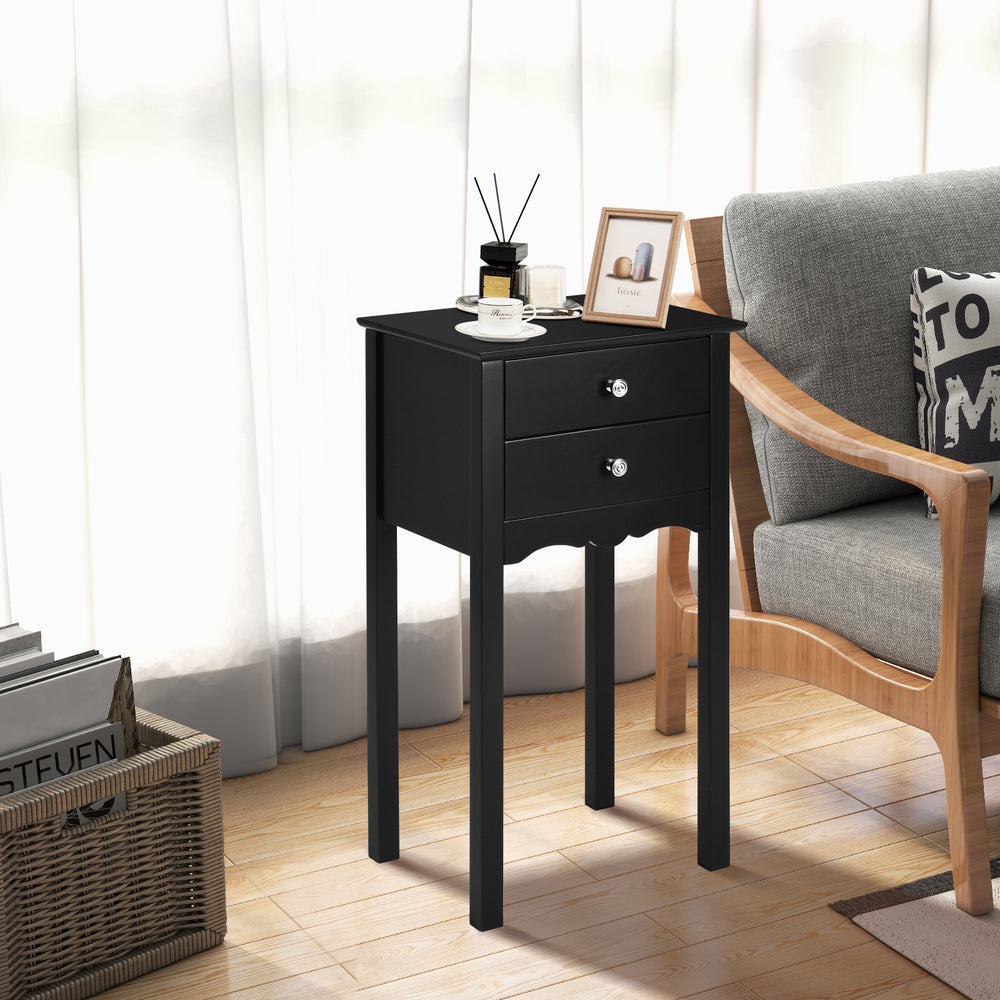 Elegant black side table with a glossy finish and vintage metal handles, perfect as a bedside or living room accent.