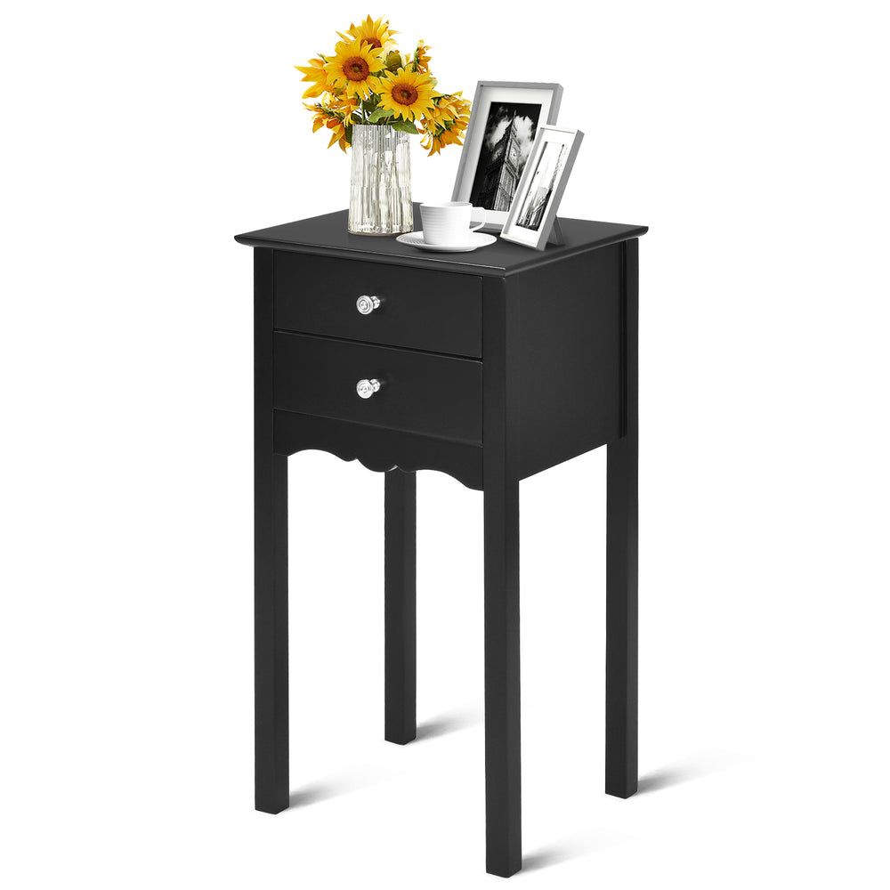 Stylish black side table featuring two convenient drawers and vintage metal handles, perfect for bedside or living room.