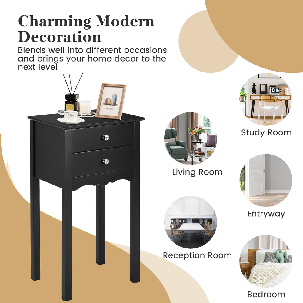 Black side table with two drawers, made of non-toxic MDF, ideal for living room or bedroom decor.
