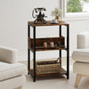 Rustic brown side end table with charging station and open shelves, perfect for small spaces in living rooms or offices.