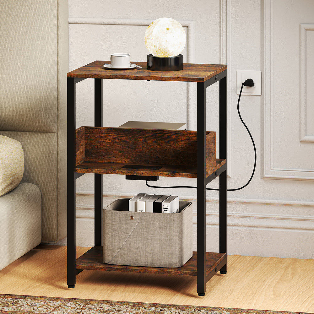 Rustic brown side end table with charging station, featuring 3 open shelves and a sturdy metal frame for versatile.