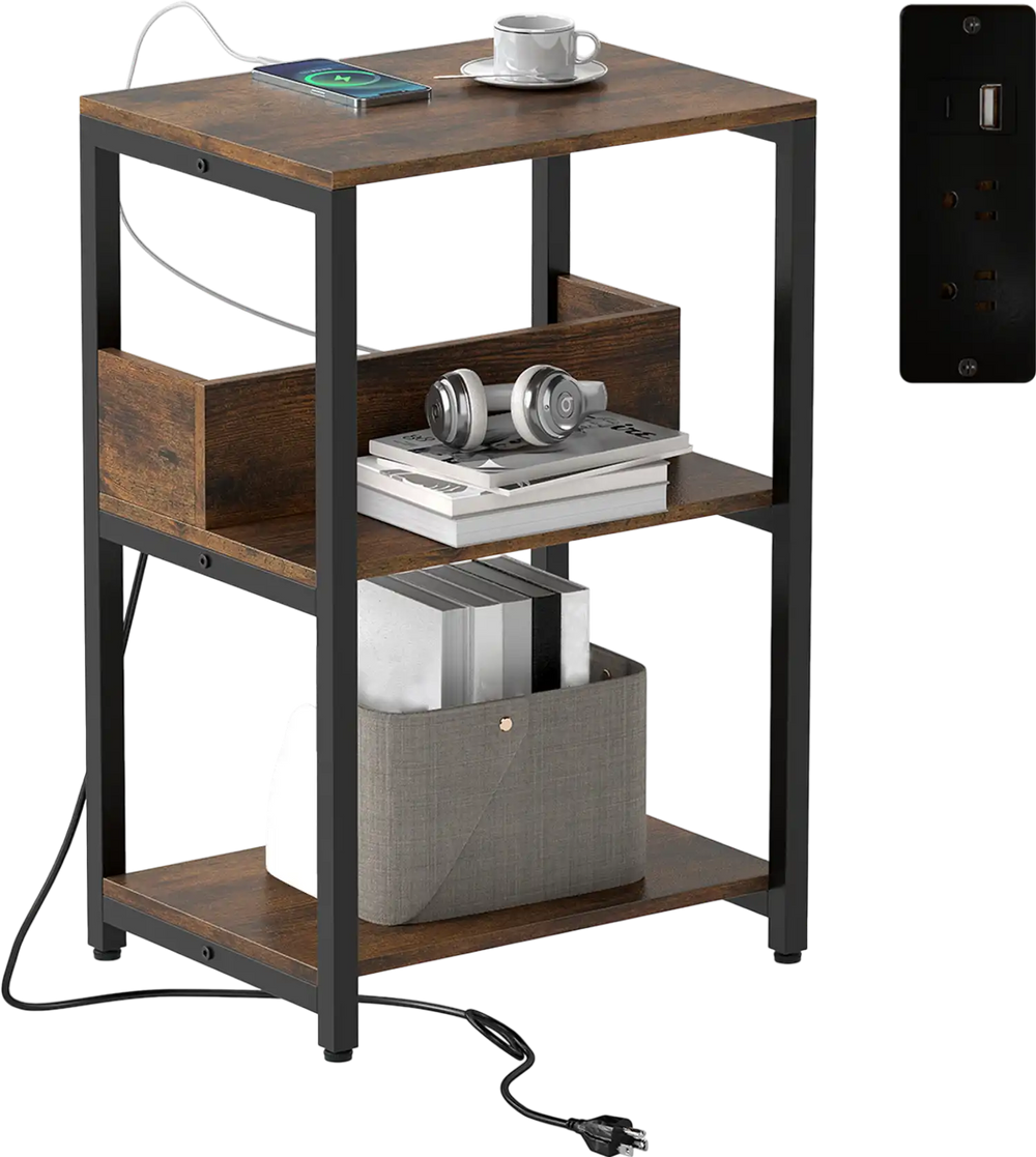 Rustic brown side end table with charging station, three open shelves, and heavy-duty metal frame for versatile storage.