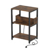 Rustic brown side end table with charging station and open shelves, featuring a sturdy metal frame and compact design.
