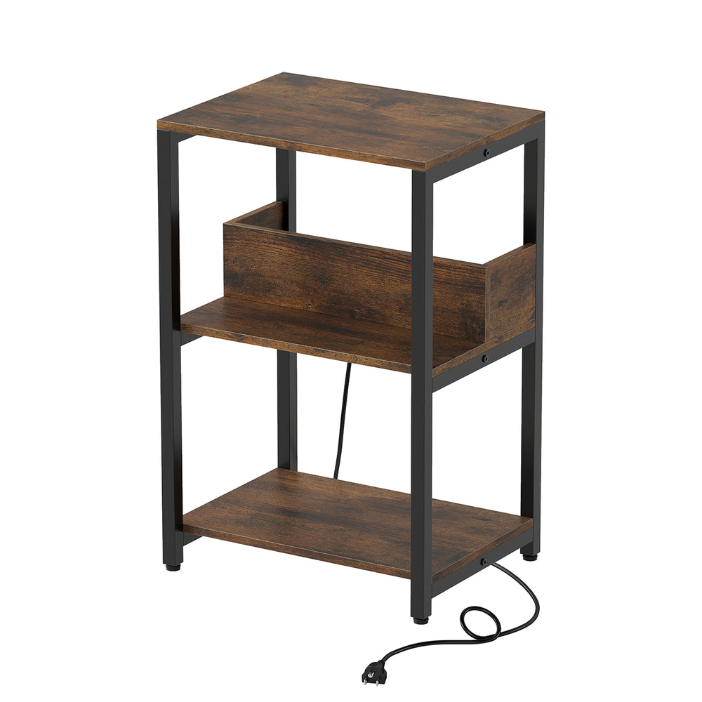 Rustic brown side end table with charging station and open shelves, featuring a sturdy metal frame and compact design.