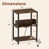 Rustic brown side end table with dimensions, featuring a charging station and open shelves for compact storage.