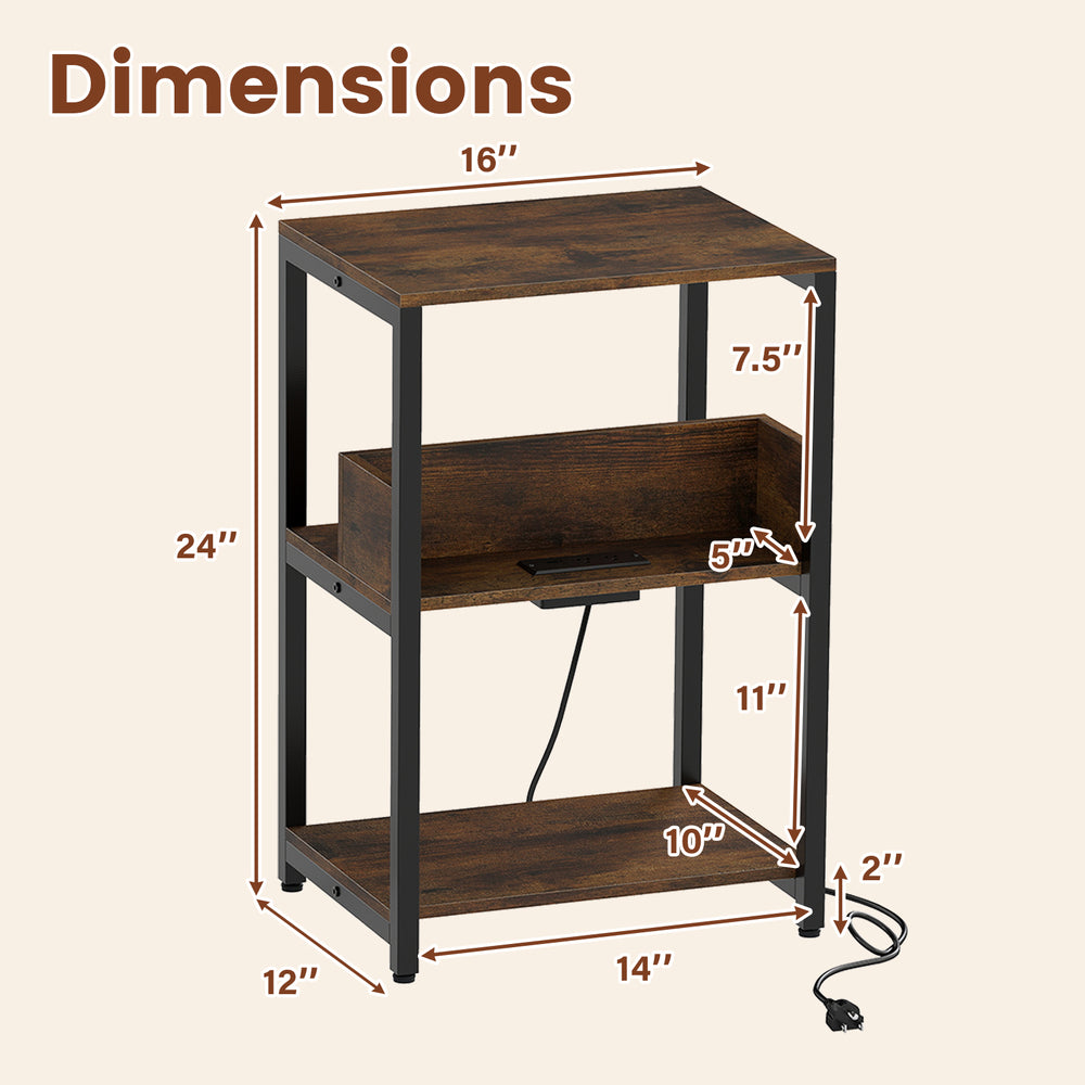 Rustic brown side end table with dimensions, featuring a charging station and open shelves for compact storage.