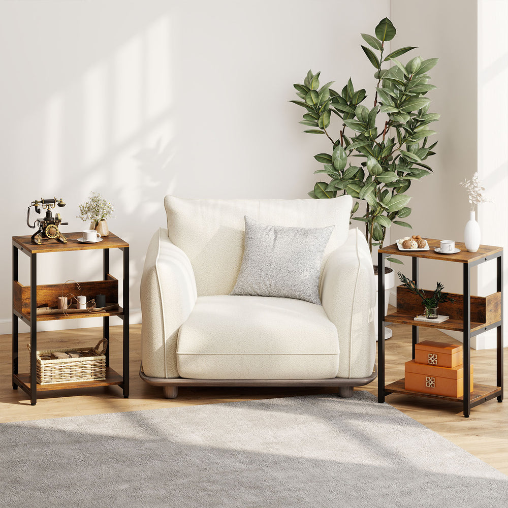 Rustic brown side end table with charging station and open shelves, perfect for small spaces in living rooms or.