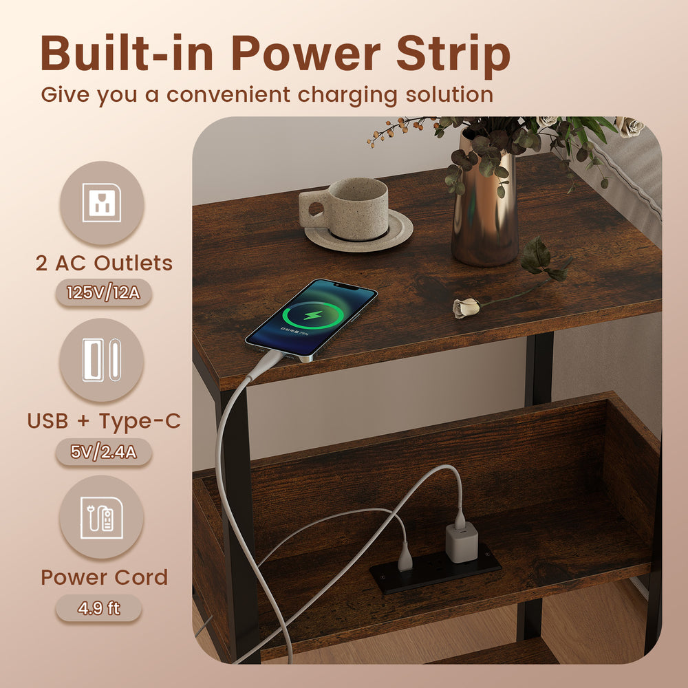 Side end table in rustic brown with built-in charging station, featuring 3 open shelves for convenient storage.