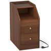 Walnut side end table with charging station, two drawers, and open shelf for organized device storage.