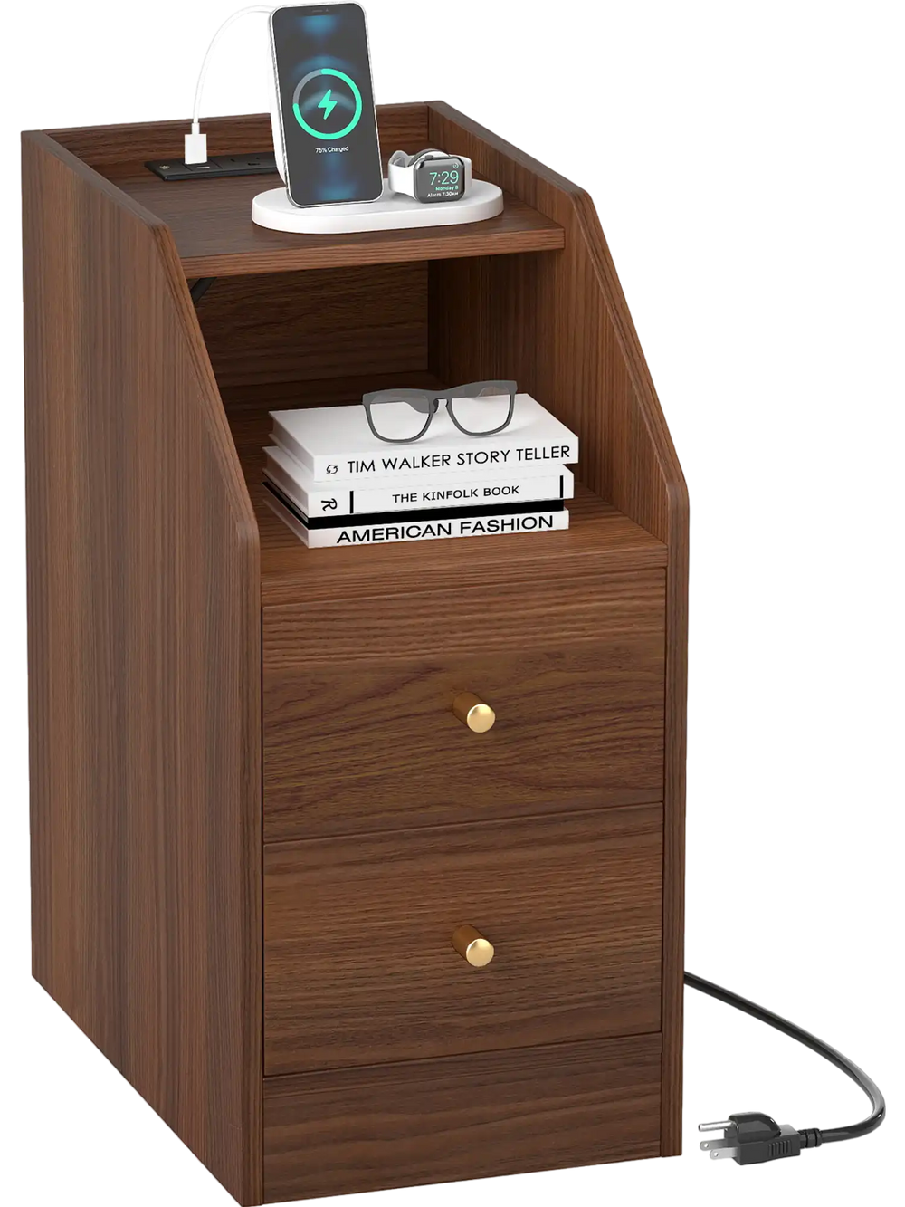 Walnut side end table with charging station, open shelf, and two drawers for organized storage next to a sofa.
