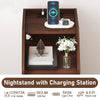 Walnut side end table with charging station, featuring 2 drawers and open compartment for organized storage.