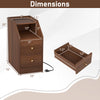 Dimensions of the walnut side end table with charging station, featuring two drawers and an open compartment for.