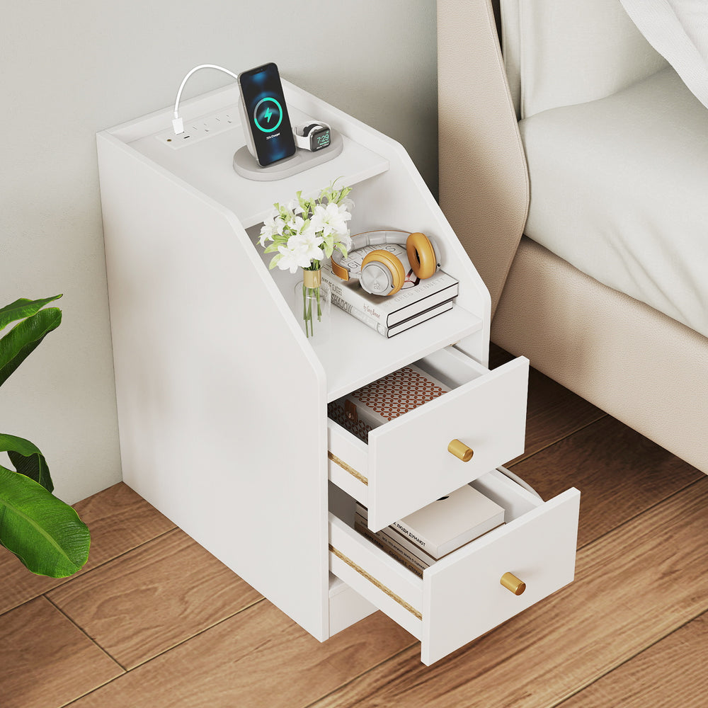 Side End Table with Charging Station Sofa Couch Table with Shelf Drawers-White - Gallery View 1 of 10