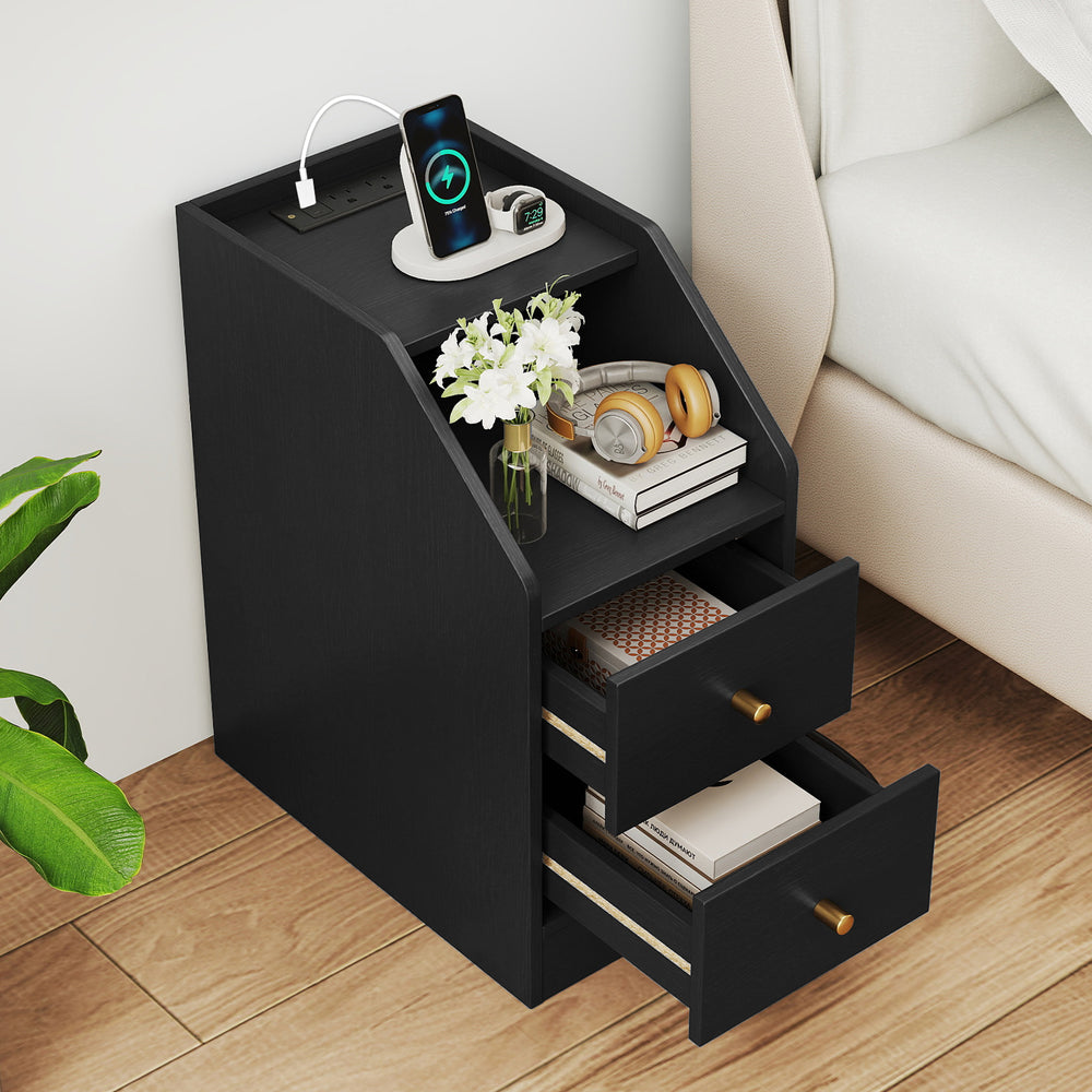 Side End Table with Charging Station Sofa Couch Table with Shelf Drawers-Black - Gallery View 1 of 9