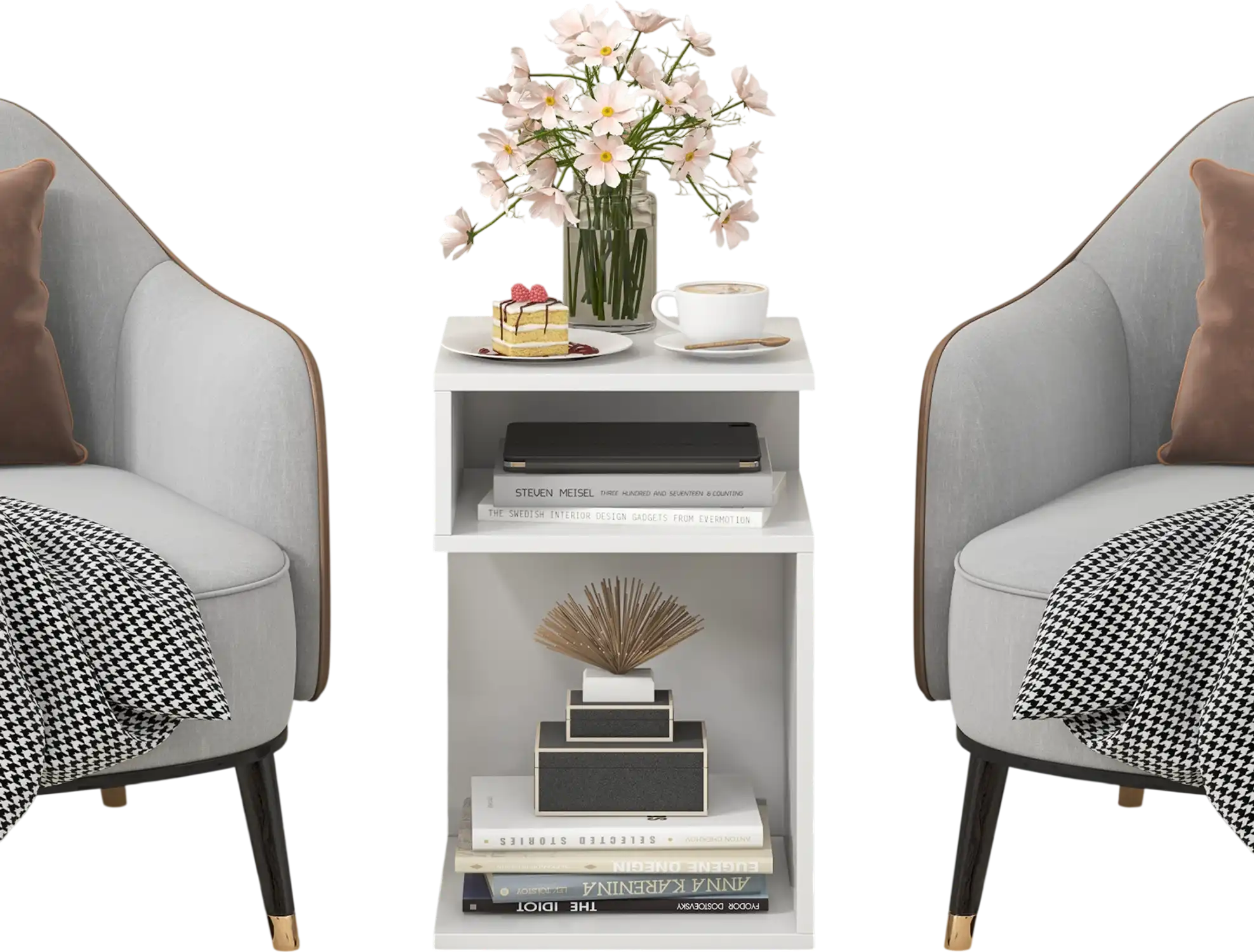Costway S-Shaped Side Table White 2 Open Compartments 81254976 New