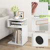 S-shaped side table in white with two open compartments, waterproof surface, and non-slip pads for stability.