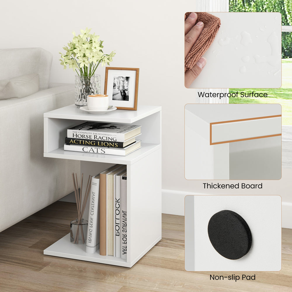 S-shaped side table in white with two open compartments, waterproof surface, and non-slip pads for stability.