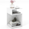 S-shaped side table in white with two open compartments, perfect as a nightstand or sofa side table for compact spaces.