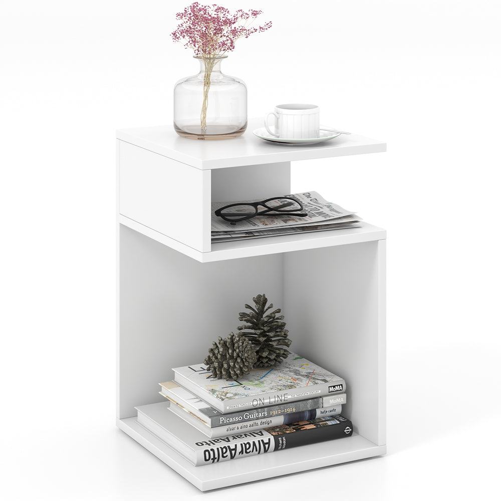 S-shaped side table in white with two open compartments, perfect as a nightstand or sofa side table for compact spaces.