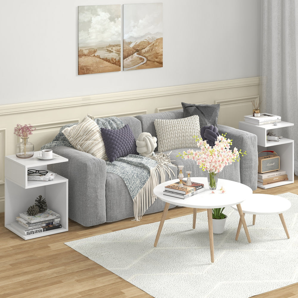 S-shaped side table in white with open compartments, perfect as a nightstand or sofa side table for modern decor.