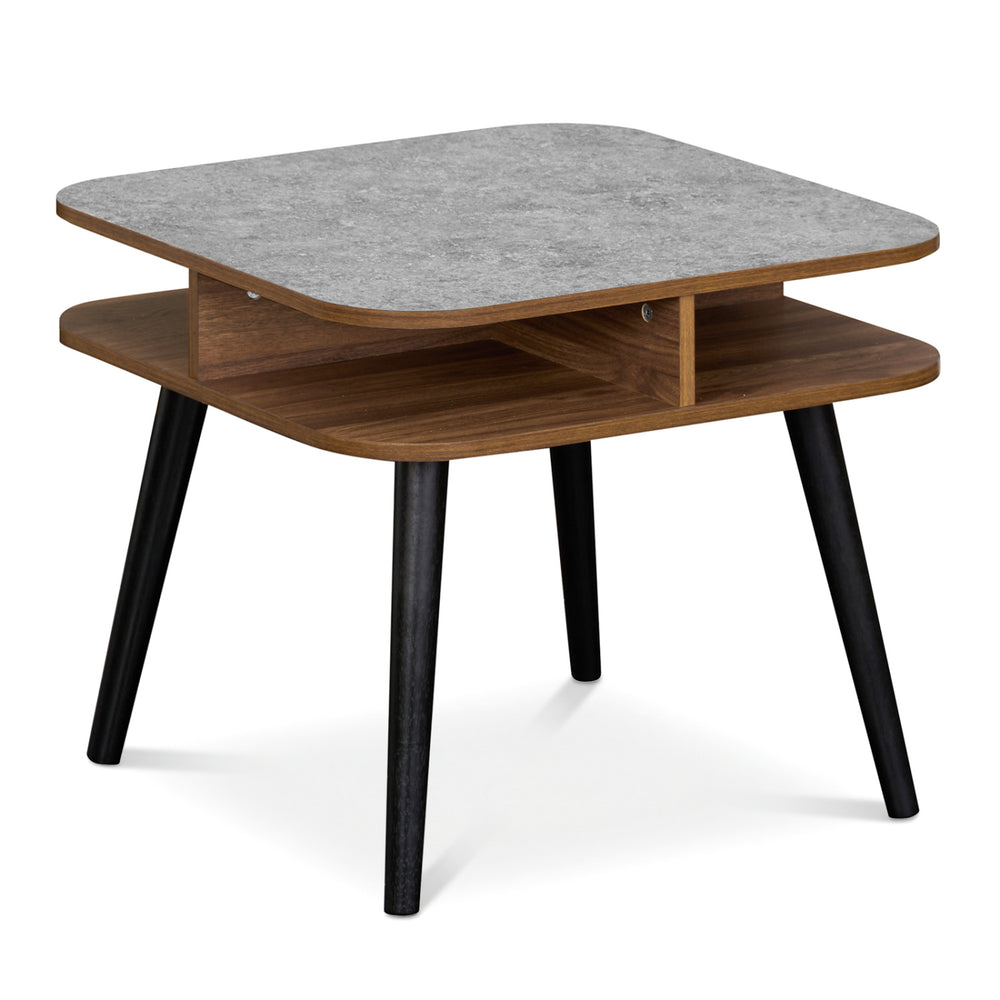 Square side table with faux marble top and rubber wood legs, featuring storage shelves for versatile use in any room.