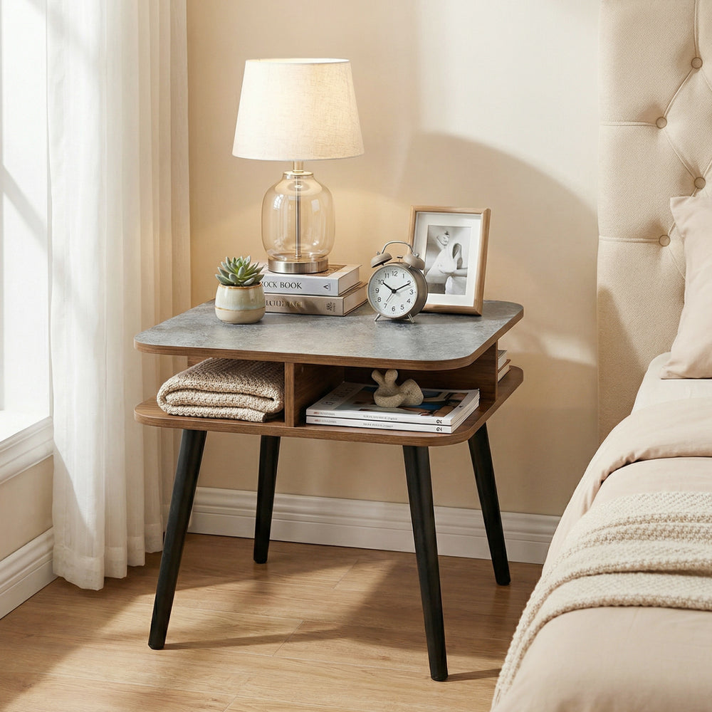 Square side table with faux marble top, rubber wood legs, and storage shelves, perfect for living room or bedroom use.