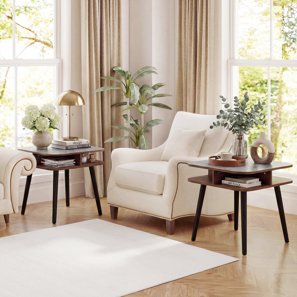 Faux marble side table with rubber wood legs and four storage shelves, ideal for easy access in living room or bedroom.