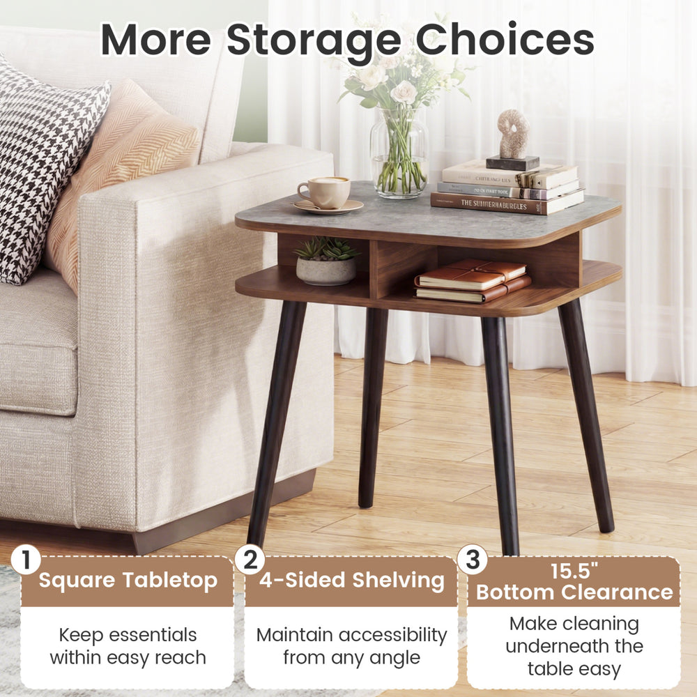 Square faux marble side table with rubber wood legs and 4-sided shelving for easy access, perfect for living rooms.