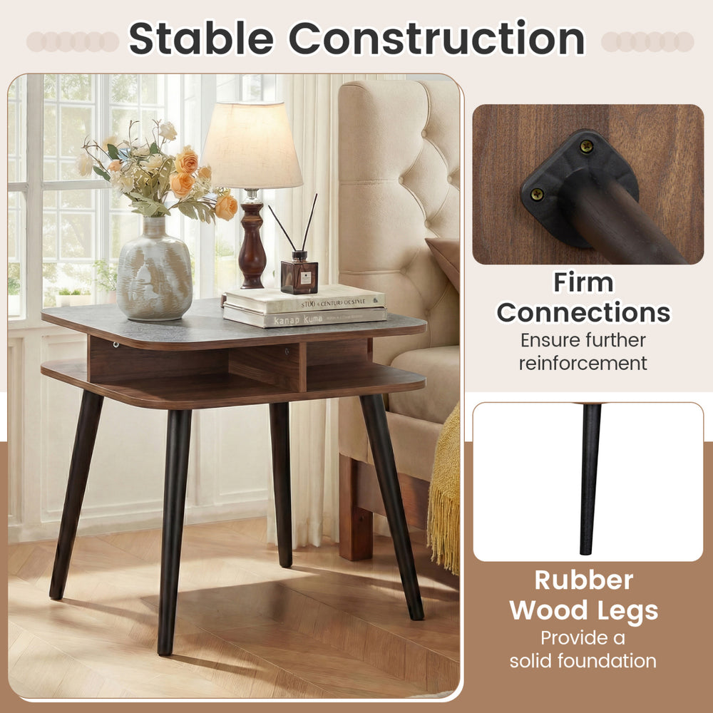 Square faux marble side table with rubber wood legs and storage shelves, ideal for living room or bedroom use.