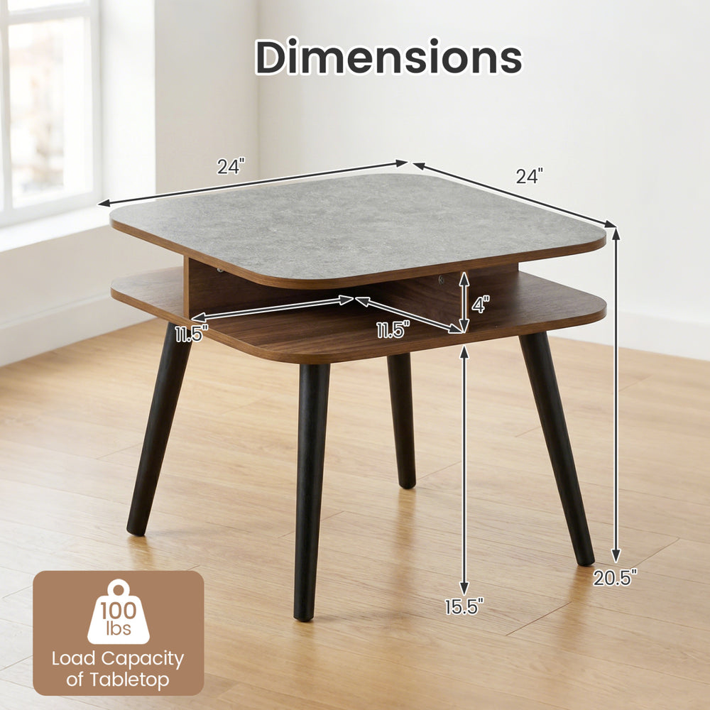 Square side table with faux marble top, showcasing dimensions and 100 lbs load capacity, ideal for versatile placements.