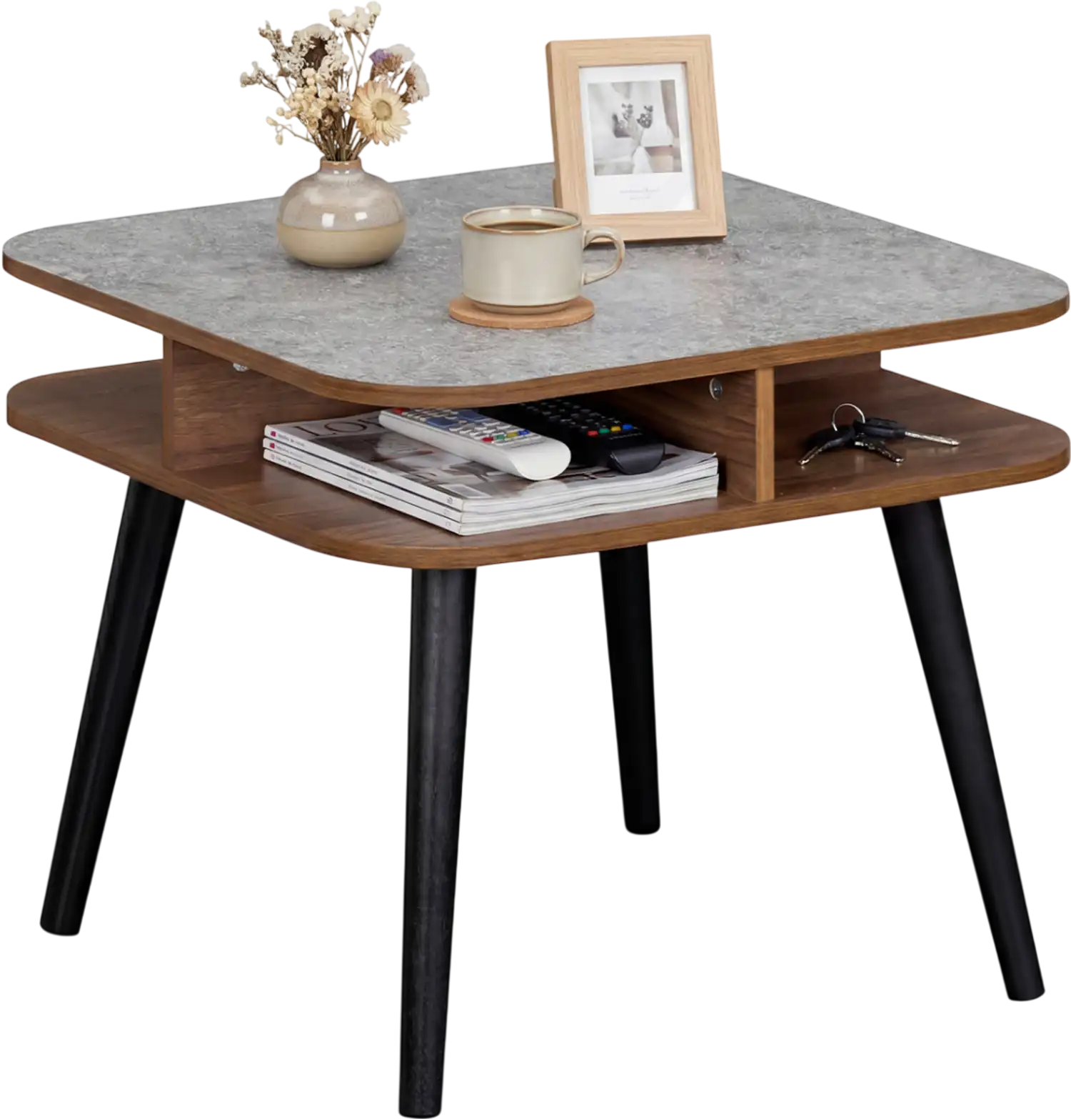 Costway Faux Marble Side End Table w/ Storage Shelves Rubber Wood Legs 45564910 New