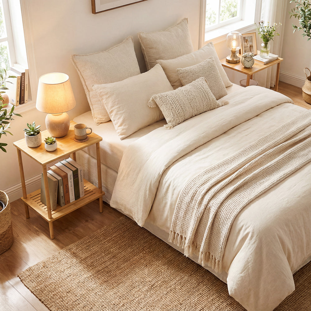 Natural bamboo side table set of 2 with 2-tier storage, perfect for living room or bedroom organization.