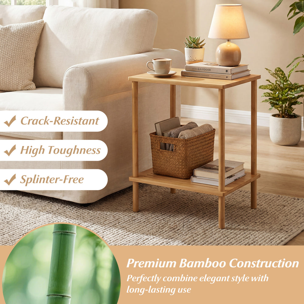 Natural bamboo side table with 2-tier storage shelves, crack-resistant and splinter-free, perfect for living room use.