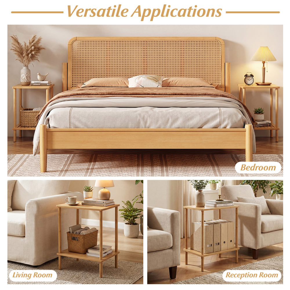 Natural bamboo side table set of 2 with 2-tier storage shelves, perfect for living room or bedroom use.