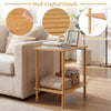 Bamboo side table with slatted design, 2-tier storage, and 5" elevated legs for stability in natural finish.