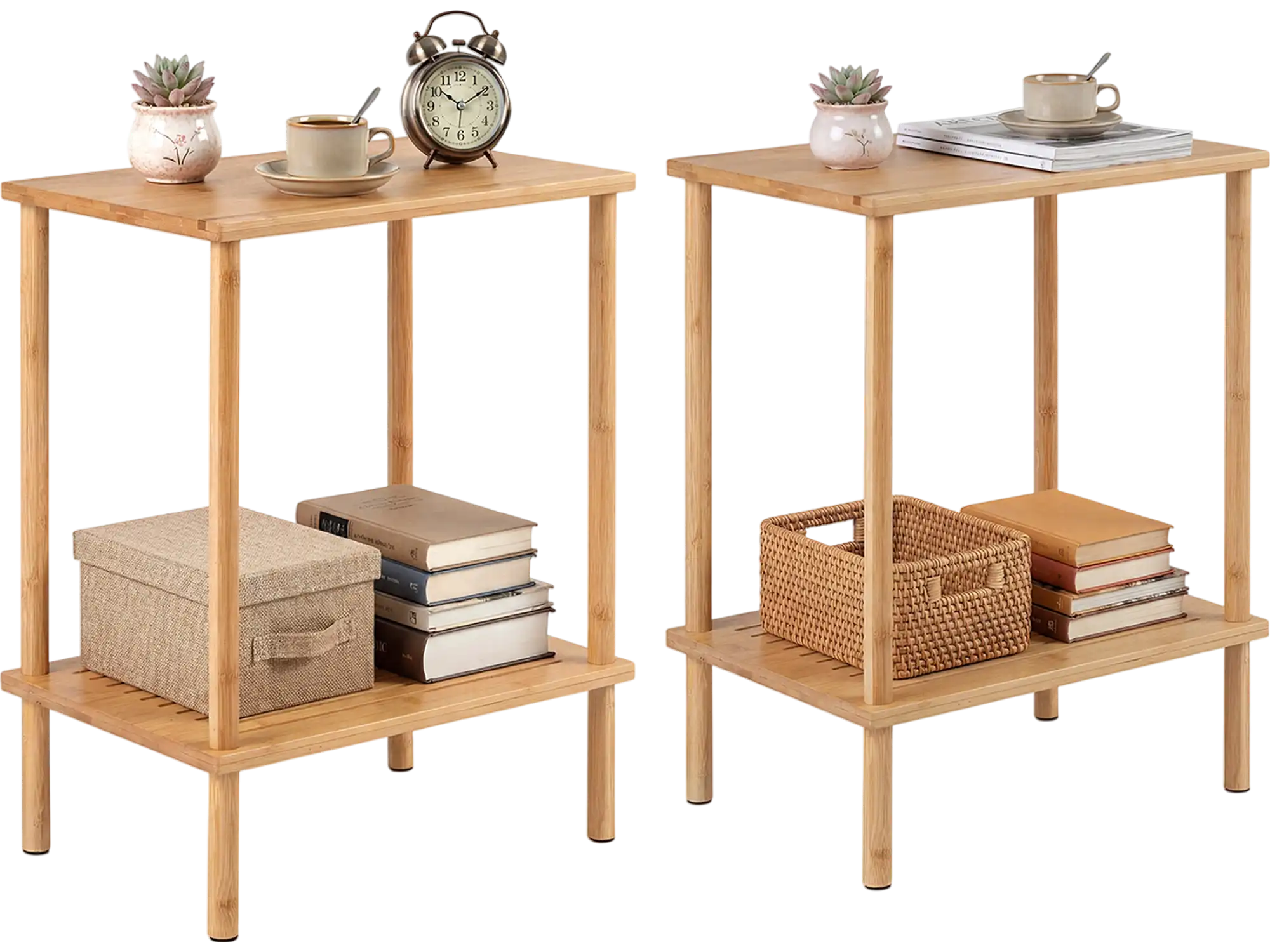 Costway Set of 2 Bamboo 2-Tier End Side Tables with Storage Shelves 66729668 New