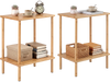 Set of 2 natural bamboo side tables with 2-tier storage shelves, perfect for living room or bedroom organization.