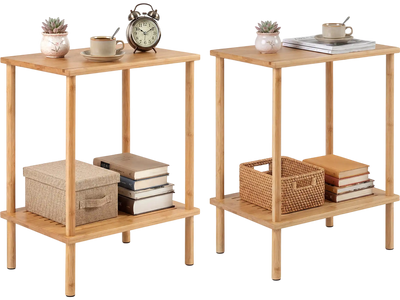 Costway Set of 2 Bamboo 2-Tier End Side Tables with Storage Shelves 66729668 New