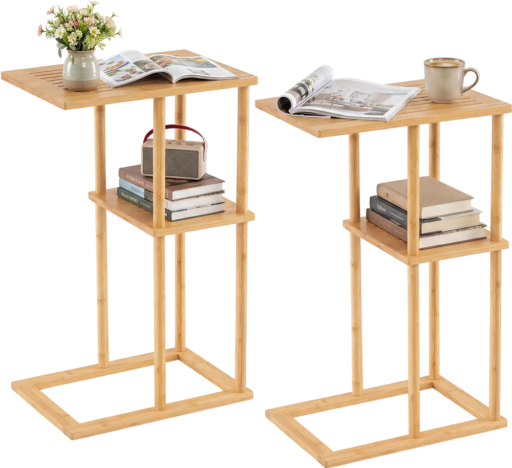 Set of 2 bamboo side tables with storage shelves, featuring a slatted design for versatile use in any room.