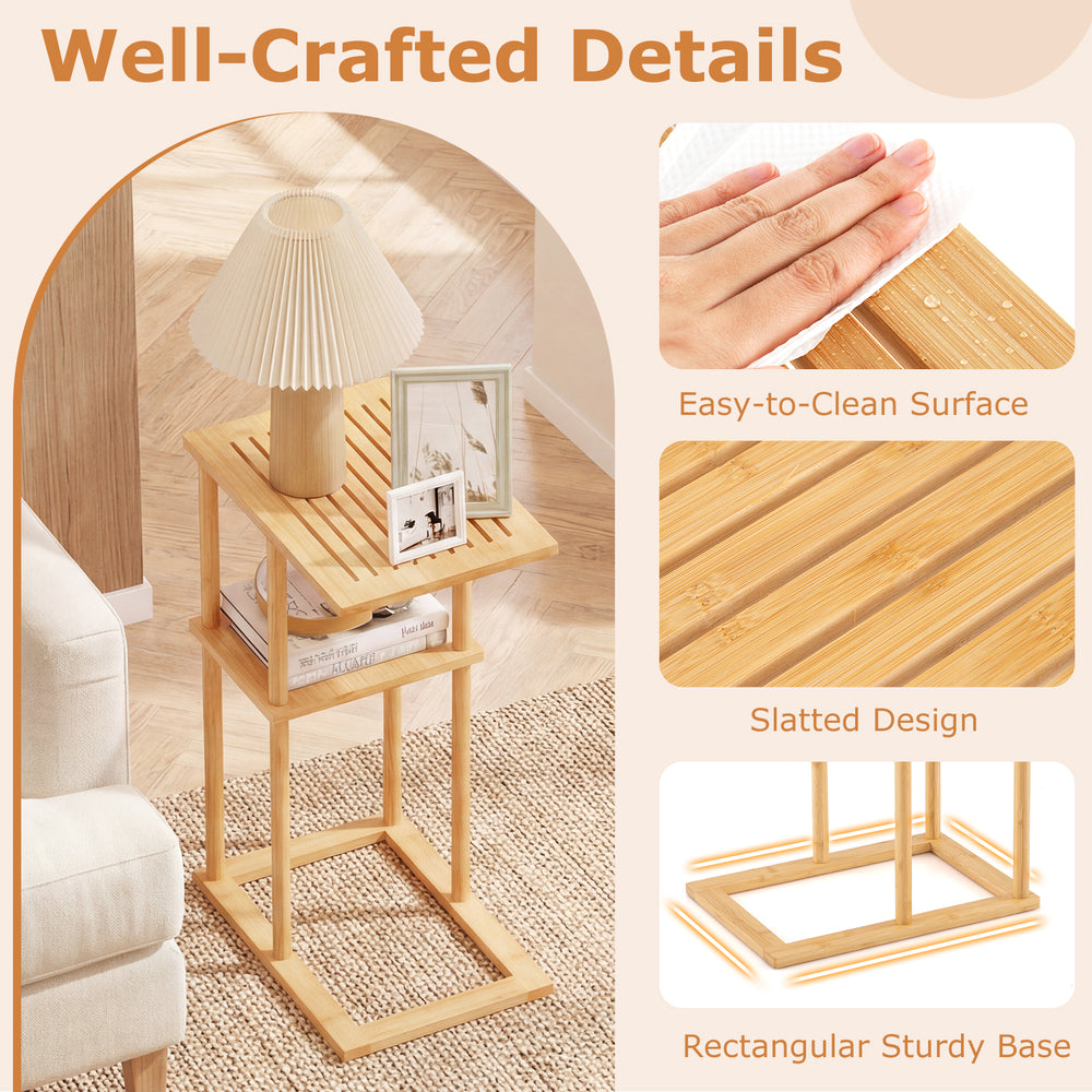 Bamboo side table set of 2 with slatted design and storage shelves, perfect for living room or bedroom use.