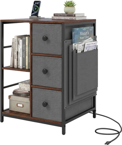 Costway Industrial Side Table Nightstand with Charging Station Open Shelves 22227267 New