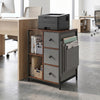 Side table with charging station in rustic brown, featuring open shelves and three drawers for office organization.