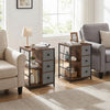 Industrial side table with charging station in rustic brown, featuring open shelves and drawers, perfect for living.