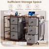 Industrial nightstand in rustic brown with open shelves, three fabric drawers, and a charging station for versatile.