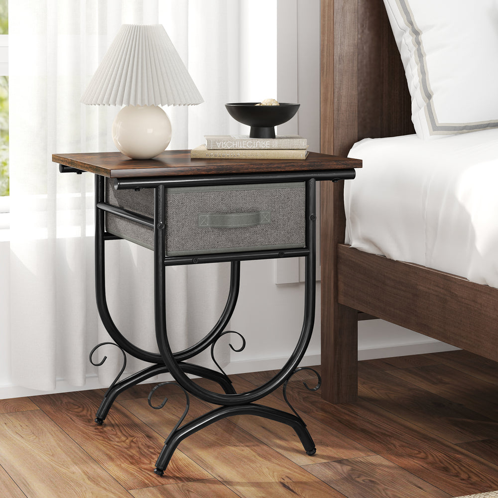 Side table showcasing a foldable fabric drawer and heavy-duty metal frame, perfect for bedside essentials in any room.