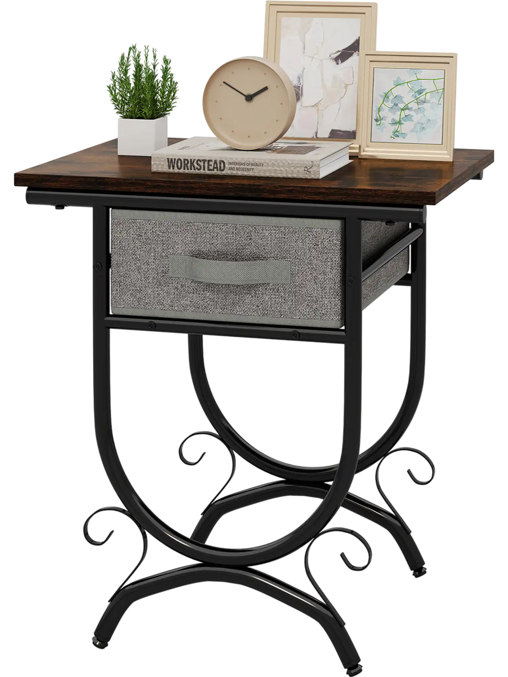 Side Table with Fabric Drawer and Carved Metal Frame for Living Room