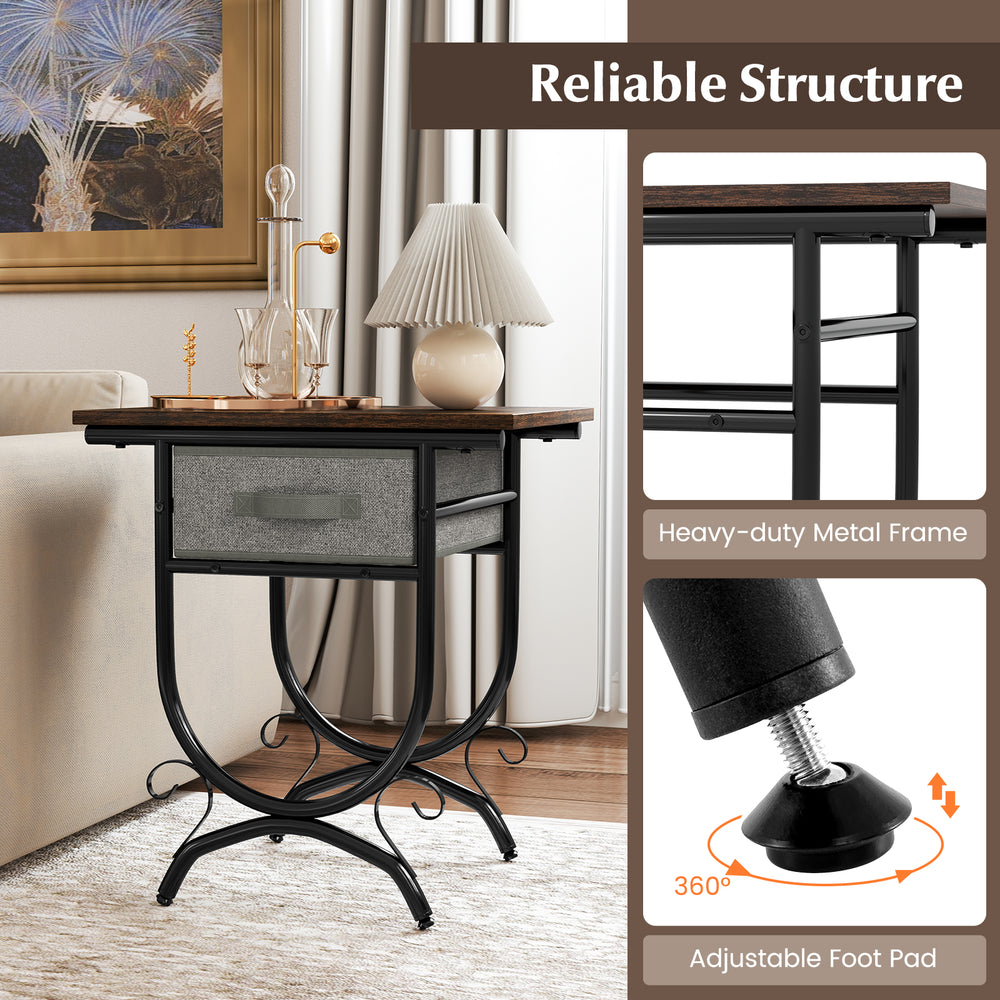 Side table with a carved metal frame and fabric drawer, featuring a rustic wood grain top for living room storage.